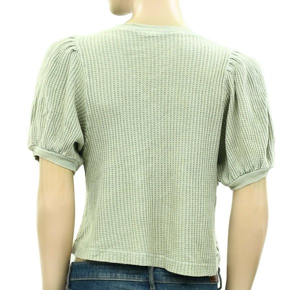 Free People FP One Hayden Waffle Thermal Blouse Top Puff Sleeve Knit M - Picture 5 of 5